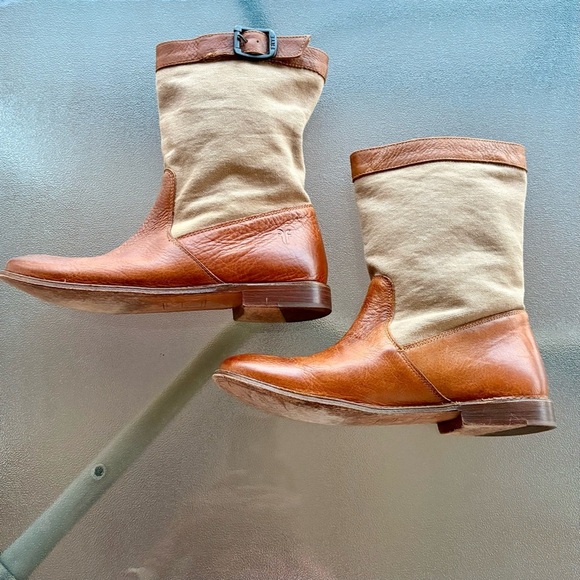 Frye Tan Leather Canvas Mid Calf Boots Size 8 Western Buckle Riding Boots - Picture 4 of 8